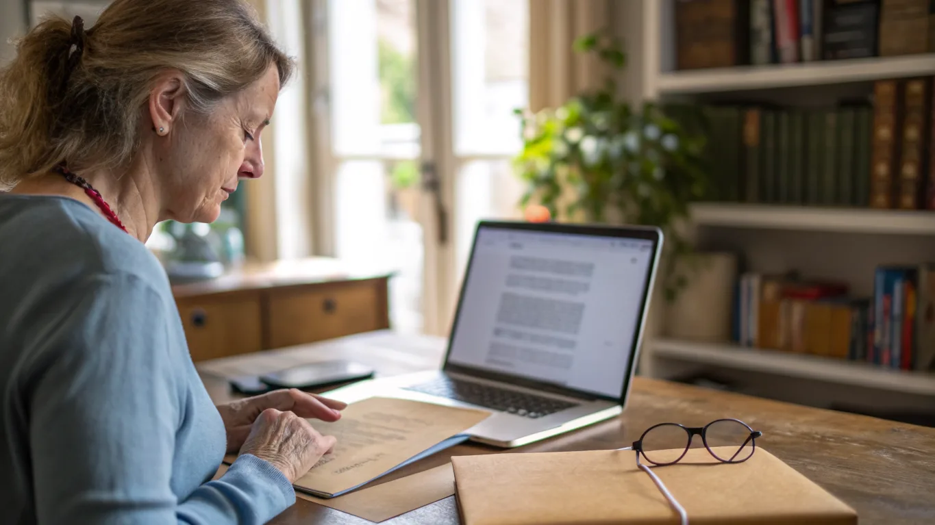 Frau am Schreibtisch vergleicht ein Papierdokument mit dem digitalen Steuerbescheid ab 2027 auf ihrem Laptop